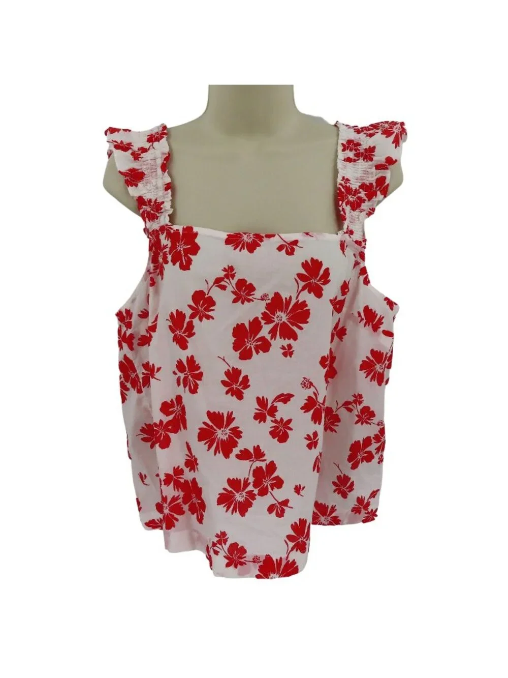 J Crew Women Large Red White Hibiscus Tropical Flower Ruffle Sleeve Tank Top NEW